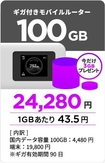100GB付きモバイルルーター。今だけ3GBプレゼント。24,280円（1GBあたり43.5円）。[内訳]国内データ容量 100GB:4,480円、端末:19,800円、※ギガ有効期限90日