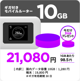 10GB付きモバイルルーター。今だけ3GBプレゼント。21,080円（1GBあたり98.5円）。[内訳]国内データ容量 10GB:1,280円、端末:19,800円、※ギガ有効期限30日