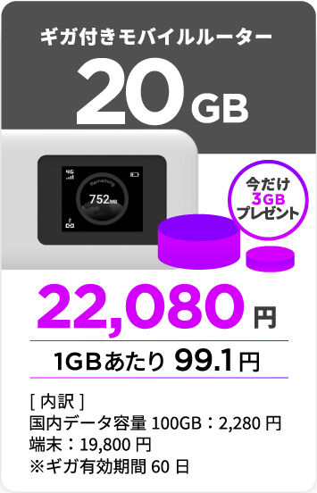20GB付きモバイルルーター。今だけ3GBプレゼント。22,080円（1GBあたり99.1円）。[内訳]国内データ容量 20GB:2,280円、端末:19,800円、※ギガ有効期限30日